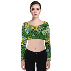 Seamless Pattern With Cucumber Slice Flower Colorful Hand Drawn Background With Vegetables Wallpaper Velvet Long Sleeve Crop Top by Ket1n9