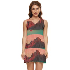 Brown Mountain Illustration Sunset Digital Art Mountains Tiered Sleeveless Mini Dress by Cendanart