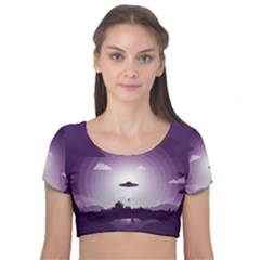 Ufo Illustration Style Minimalism Silhouette Velvet Short Sleeve Crop Top  by Cendanart