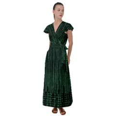 Green Matrix Code Illustration Digital Art Portrait Display Flutter Sleeve Maxi Dress by Cendanart