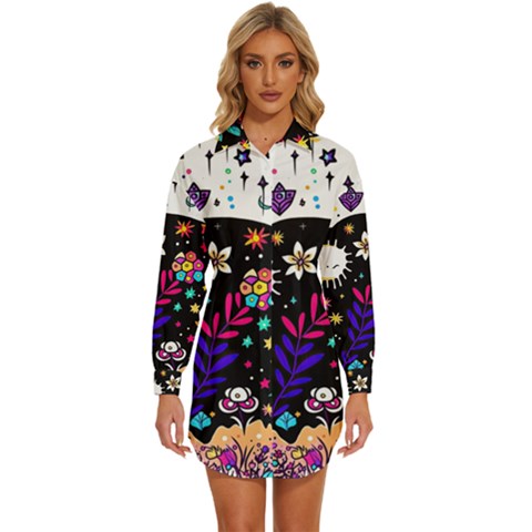 Rainbow Fun Cute Minimal Doodle Womens Long Sleeve Shirt Dress by Bedest