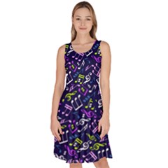 Dark Purple Music Notes Treble Clef Knee Length Skater Dress With Pockets by CoolDesigns