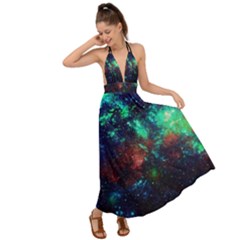 Green Dark Space Fun Night Sky Stars Backless Maxi Beach Dress by CoolDesigns