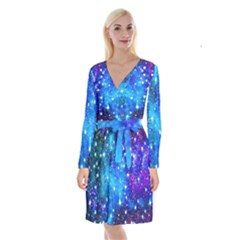 Constellation Dodger Blue Space Astronomy Galaxy Long Sleeve Velvet Front Wrap Dress by CoolDesigns