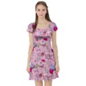 American Pink Floral Blue Violet White Floral Pattern Silhouettes Butterflies Short Sleeve Skater Dress View1