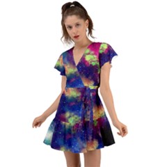 Colorful Space Black A Fun Night Sky The Moon And Stars Flutter Sleeve Wrap Dress by CoolDesigns