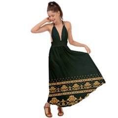 Black Green Ethnic Pattern Stretch Backless Maxi Beach Dress by CoolDesigns