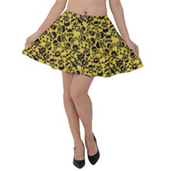 Yellow Skull Crossbones Pattern Velvet Skater Skirt by CoolDesigns