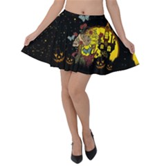 Vintage Pumpkins Black & Yellow Sugar Skull Party Velvet Skater Skirt by CoolDesigns