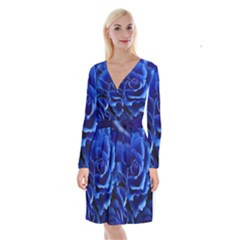 Blue Roses Flowers Plant Romance Blossom Bloom Nature Flora Petals Long Sleeve Velvet Front Wrap Dress by Bedest