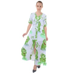 Cute Green Frogs Seamless Pattern Waist Tie Boho Maxi Dress by Bedest