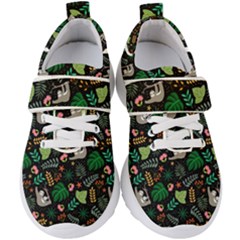 Floral Pattern With Plants Sloth Flowers Black Backdrop Kids  Velcro Strap Shoes by Bedest