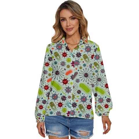 Seamless Pattern With Viruses Women s Long Sleeve Button Up Shirt by Bedest