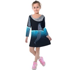 Dolphin Moon Water Kids  Long Sleeve Velvet Dress by Ndabl3x