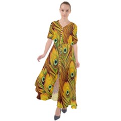 Peacock Feathers Green Yellow Waist Tie Boho Maxi Dress by Bedest