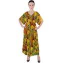 Peacock Feathers Green Yellow V-Neck Boho Style Maxi Dress View1