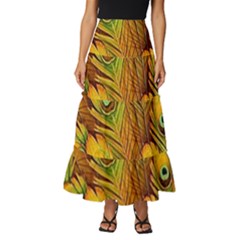 Peacock Feathers Green Yellow Tiered Ruffle Maxi Skirt by Bedest