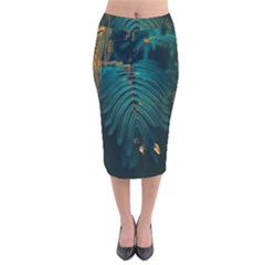 Dark Green Leaves Leaf Velvet Midi Pencil Skirt by Cemarart