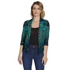 Dark Green Leaves Leaf Women s Draped Front 3/4 Sleeve Shawl Collar Jacket by Cemarart