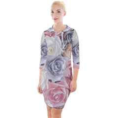 Pastel Rose Flower Blue Pink White Quarter Sleeve Hood Bodycon Dress by Cemarart