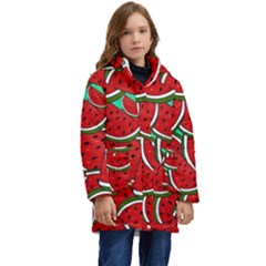 Summer Watermelon Fruit Kids  Hooded Longline Puffer Jacket by Cemarart