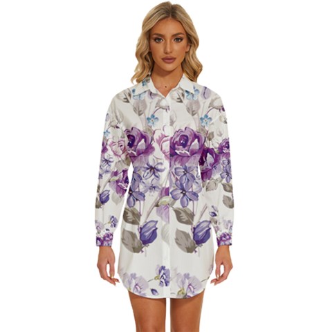 Flower-floral-design-paper-pattern-purple-watercolor-flowers-vector-material-90d2d381fc90ea7e9bf8355 Womens Long Sleeve Shirt Dress by saad11