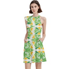 Green Pattern Retro Wallpaper Cocktail Party Halter Sleeveless Dress With Pockets by Bajindul