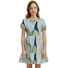 Couple Peacock Bird Spring White Blue Art Magnolia Fantasy Flower Kids  Puff Sleeved Dress by Ndabl3x