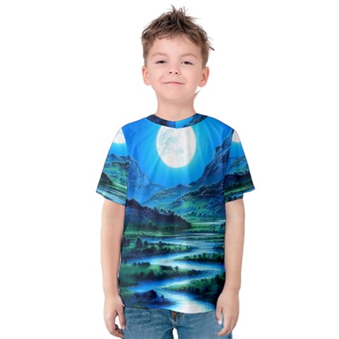 Bright Full Moon Painting Landscapes Scenery Nature Kids  Cotton T-shirt by Ndabl3x