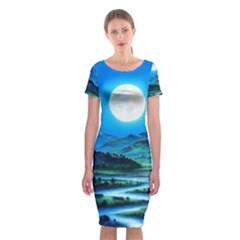 Bright Full Moon Painting Landscapes Scenery Nature Classic Short Sleeve Midi Dress by Ndabl3x