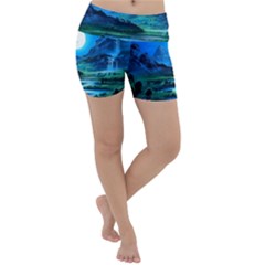 Bright Full Moon Painting Landscapes Scenery Nature Lightweight Velour Yoga Shorts by Ndabl3x