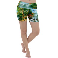 Paradise Forest Painting Bird Deer Waterfalls Lightweight Velour Yoga Shorts by Ndabl3x