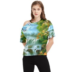 Paradise Forest Painting Bird Deer Waterfalls One Shoulder Cut Out T-shirt by Ndabl3x