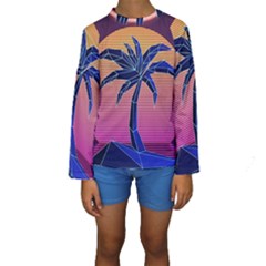 Abstract 3d Art Holiday Island Palm Tree Pink Purple Summer Sunset Water Kids  Long Sleeve Swimwear by Cemarart