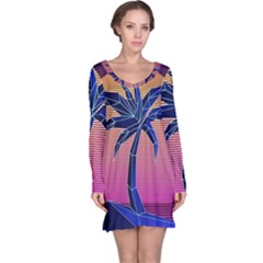 Abstract 3d Art Holiday Island Palm Tree Pink Purple Summer Sunset Water Long Sleeve Nightdress by Cemarart