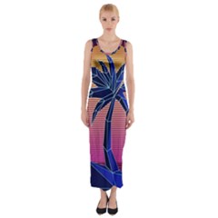 Abstract 3d Art Holiday Island Palm Tree Pink Purple Summer Sunset Water Fitted Maxi Dress by Cemarart