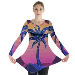 Abstract 3d Art Holiday Island Palm Tree Pink Purple Summer Sunset Water Long Sleeve Tunic  by Cemarart