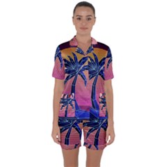 Abstract 3d Art Holiday Island Palm Tree Pink Purple Summer Sunset Water Satin Short Sleeve Pajamas Set by Cemarart