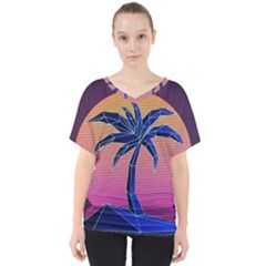 Abstract 3d Art Holiday Island Palm Tree Pink Purple Summer Sunset Water V-neck Dolman Drape Top by Cemarart