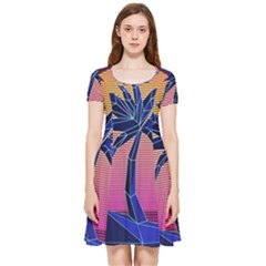 Abstract 3d Art Holiday Island Palm Tree Pink Purple Summer Sunset Water Inside Out Cap Sleeve Dress by Cemarart