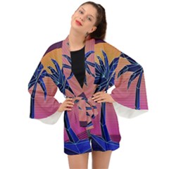 Abstract 3d Art Holiday Island Palm Tree Pink Purple Summer Sunset Water Long Sleeve Kimono by Cemarart