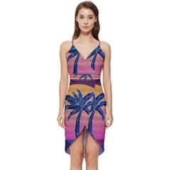 Abstract 3d Art Holiday Island Palm Tree Pink Purple Summer Sunset Water Wrap Frill Dress by Cemarart