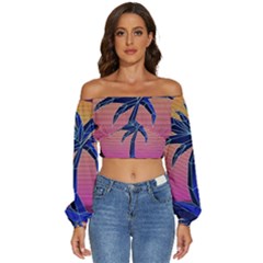 Abstract 3d Art Holiday Island Palm Tree Pink Purple Summer Sunset Water Long Sleeve Crinkled Weave Crop Top by Cemarart