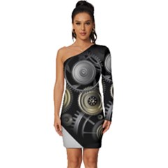 Abstract Style Gears Gold Silver Long Sleeve One Shoulder Mini Dress by Cemarart