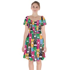 Cat Funny Colorful Pattern Short Sleeve Bardot Dress by Grandong