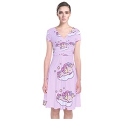 Unicorn Clouds Colorful Cute Pattern Sleepy Short Sleeve Front Wrap Dress by Grandong