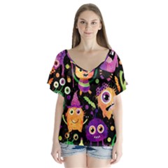 Fun Halloween Monsters V-neck Flutter Sleeve Top by Grandong