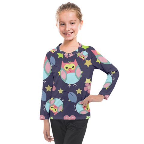 Owl Stars Pattern Background Kids  Long Mesh T-shirt by Grandong