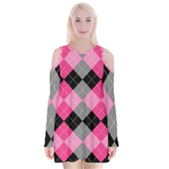 Seamless Argyle Pattern Velvet Long Sleeve Shoulder Cutout Dress by Grandong