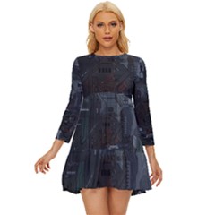 Abstract Tech Computer Motherboard Technology Long Sleeve Babydoll Dress by Cemarart